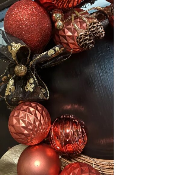 Natural Vine Wreath with Copper Ornaments and Black Gold Ribbon 12 " Christmas - Picture 3 of 4